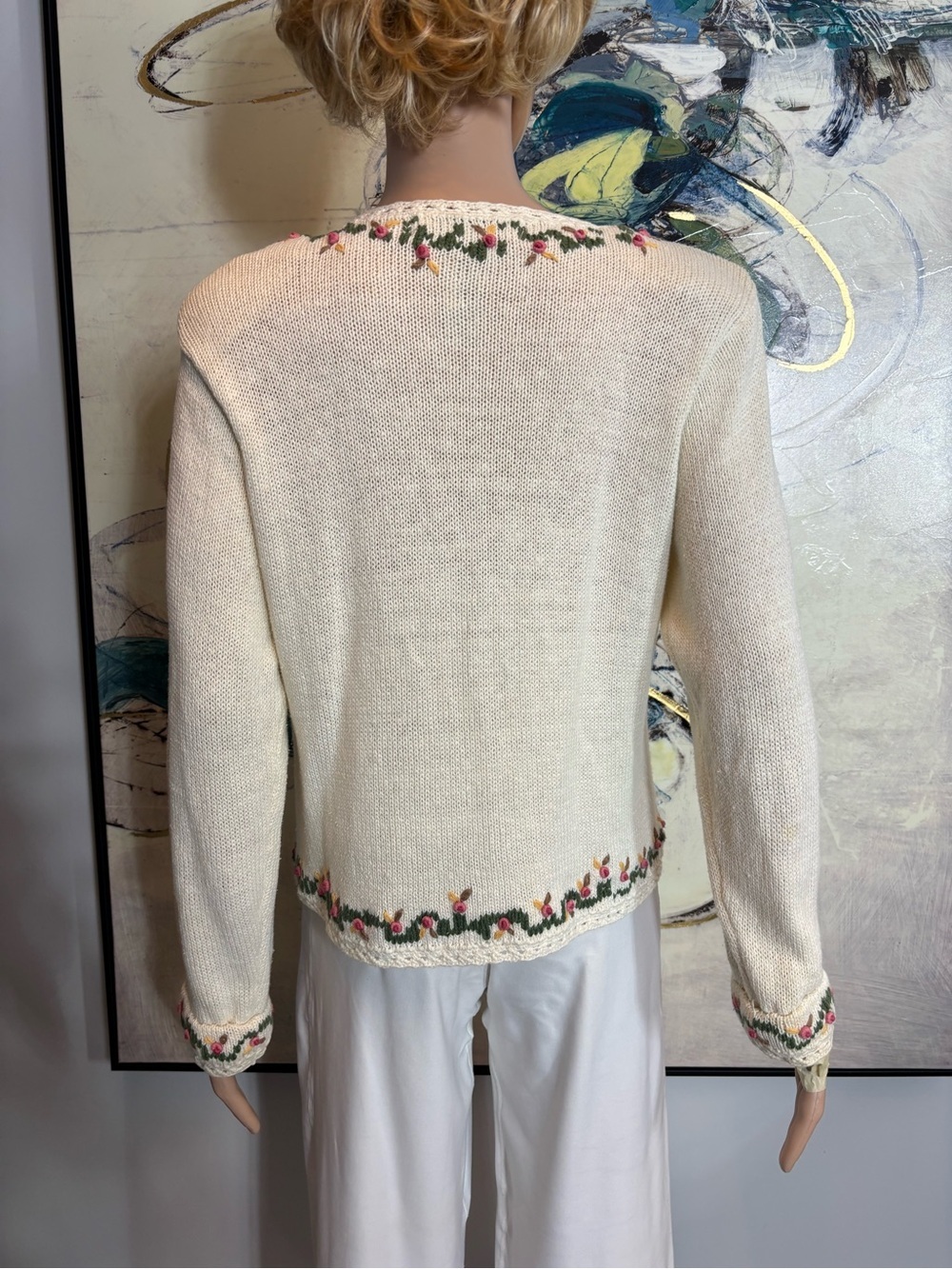 Cream Floral V-Neck Sweater with Pink Rose Embroidery - Picture 8 of 13